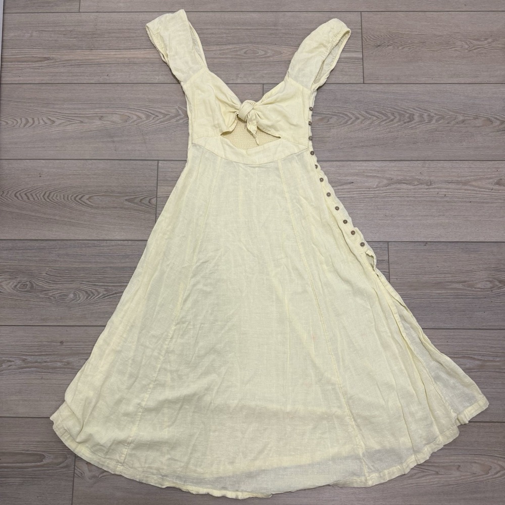 Free People Cream Midi Dress M Bow Front Side Buttons Boho Cottagecore